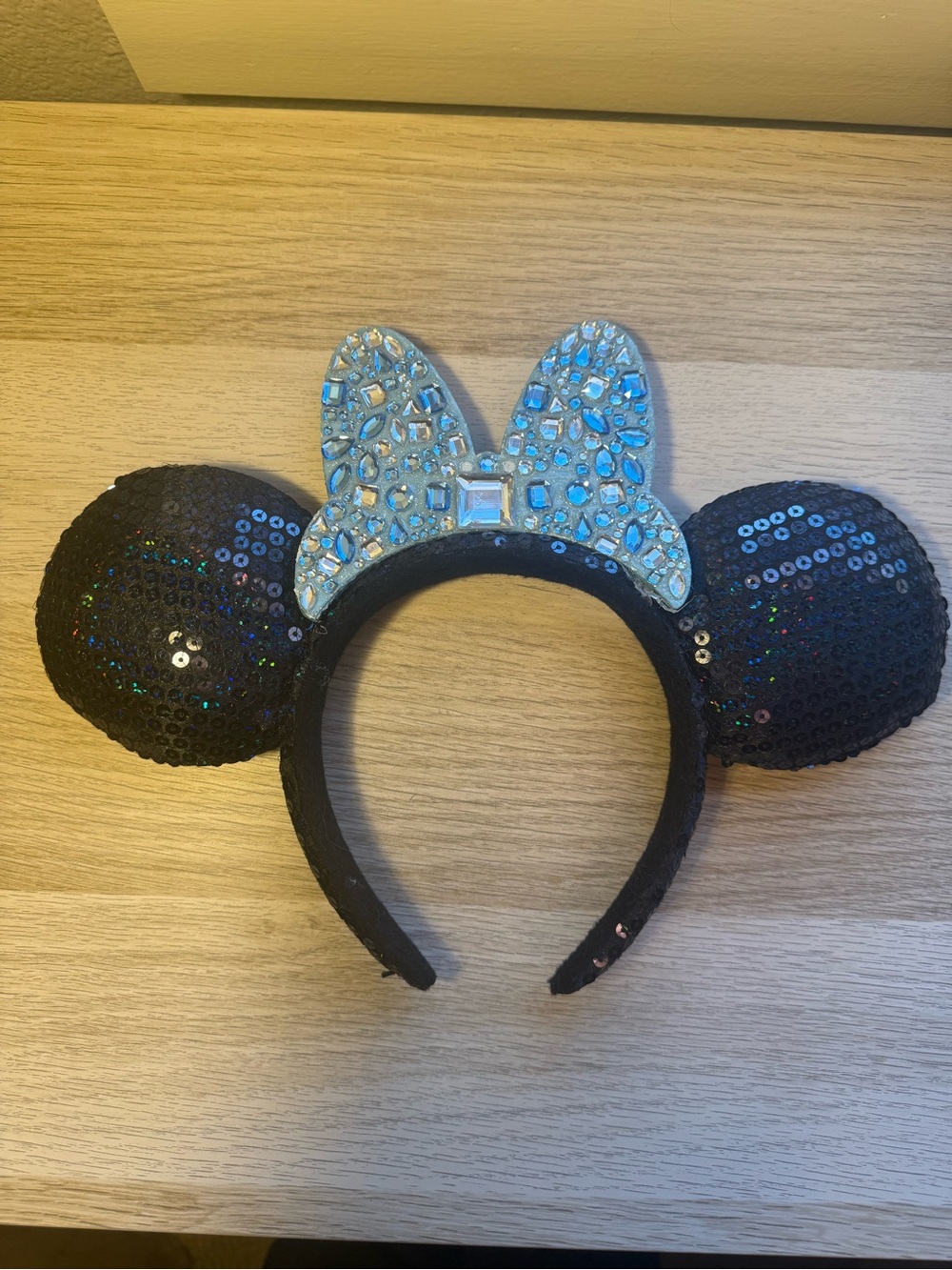Sequin Minnie Mouse Ear Headband with Jeweled Blue Bow